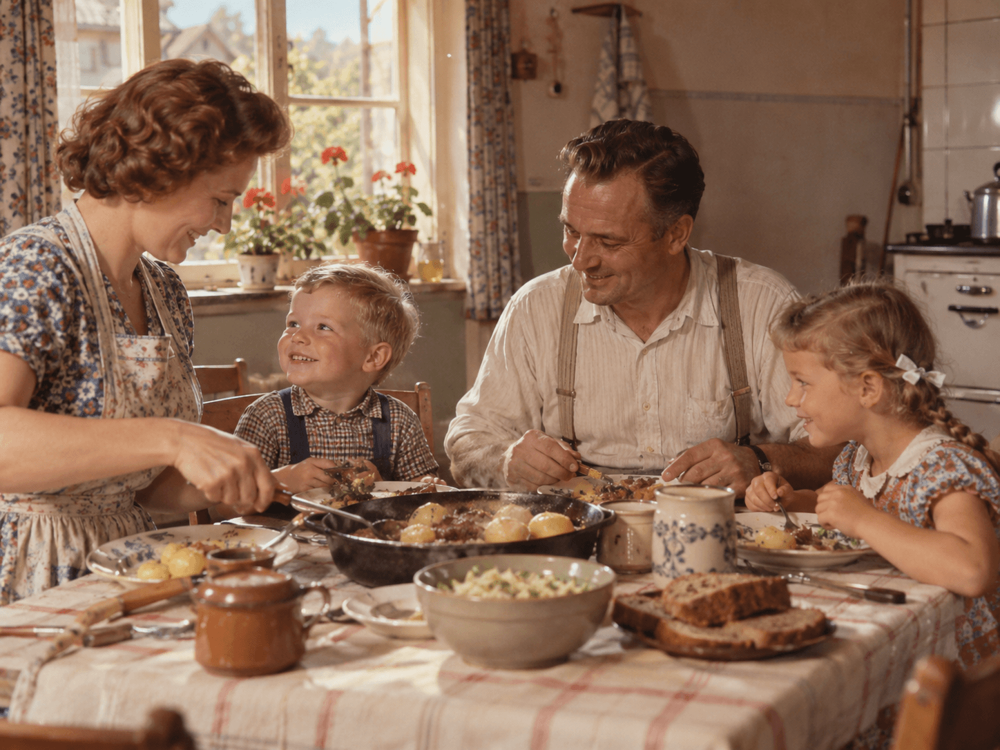 Vintage-Familienfoto: Familie am Mittagstisch in den 50er-Jahren