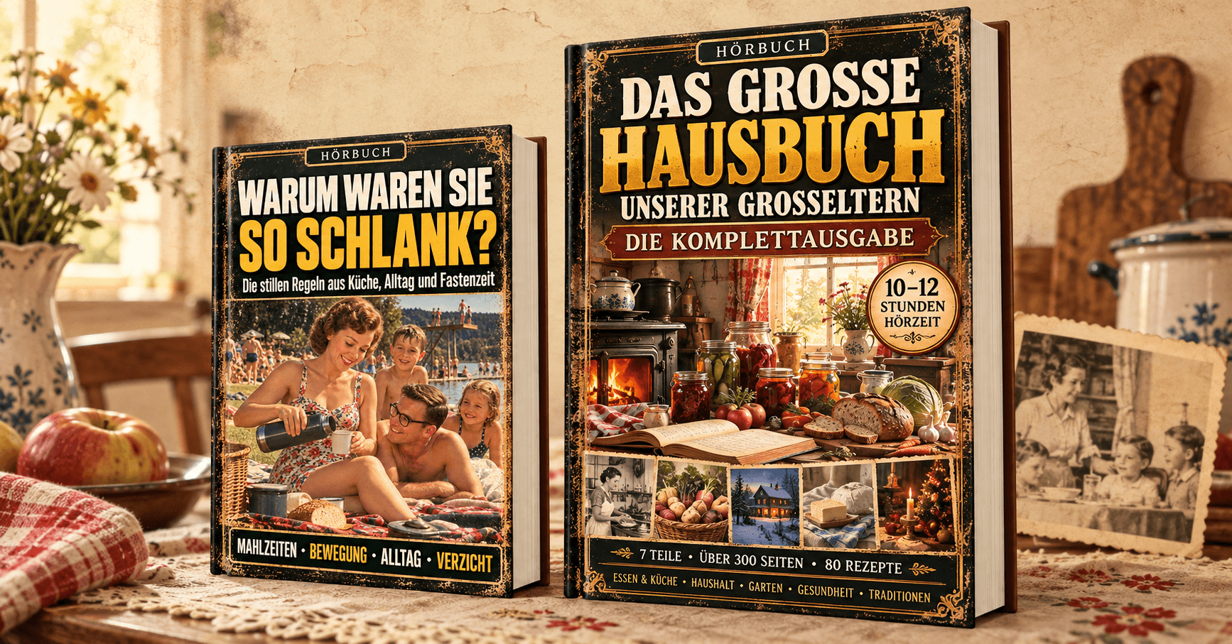 Das große Hausbuch unserer Großeltern und Omas Schlankheitsgeheimnis – beide Bücher nebeneinander
